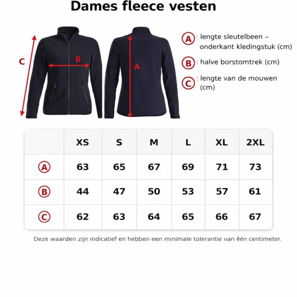 Maattabel dames fleece vesten met afmetingen A lengte, B halve borstomtrek en C mouwlengte (XS t/m 2XL)