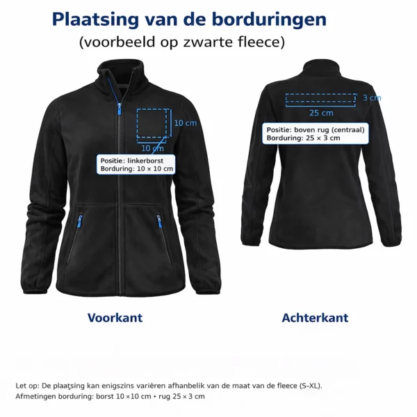 Overzicht van de plaatsing van borduring op een zwarte damesfleece: borst (10×10 cm) en bovenrug (25×3 cm).