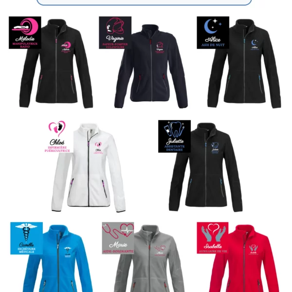 Polaire zorgkleding in 7 kleuren beschikbaar met geborduurde voorbeelden voor zorgberoepen