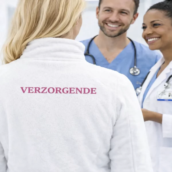 Wit fleecevest voor zorgpersoneel met borduring Verzorgende op de rug in ziekenhuisomgeving.