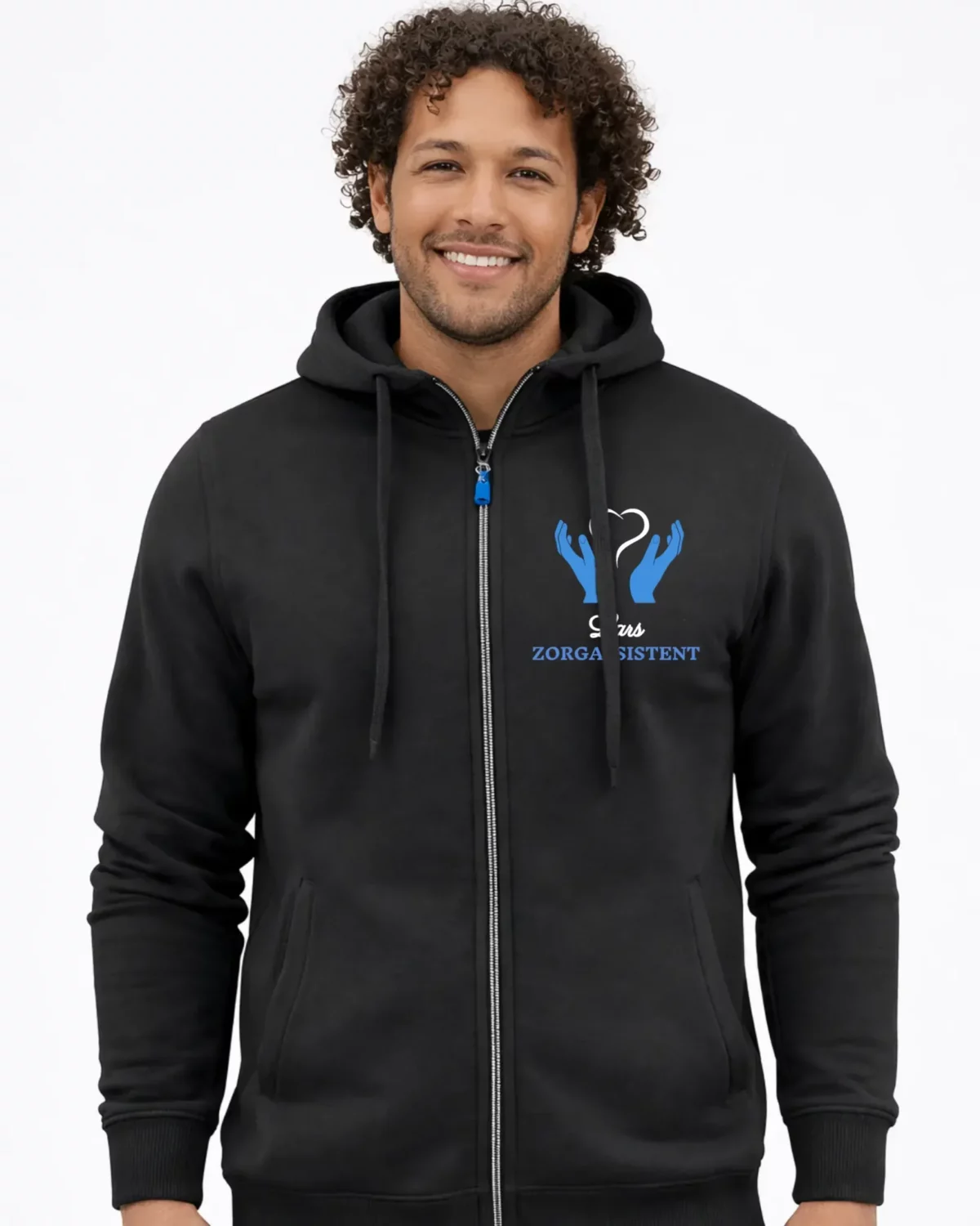 gepersonaliseerde heren hoodie zwart met naam Lars en functie zorgassistent geborduurd