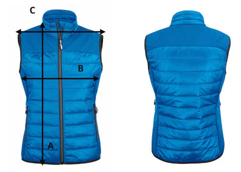 Maattabel dames bodywarmer met lengte borst en schouderbreedte