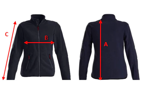 Maattabel fleecevest dames met lengte borst en mouwlengte