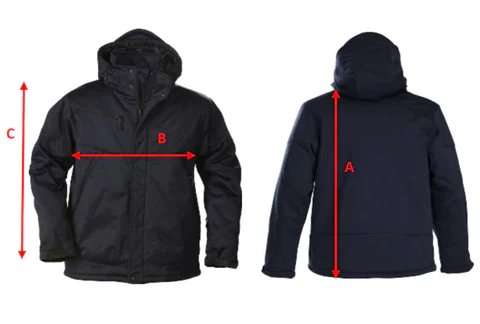 Heren parka softshell maattabel met lengte borst en mouwlengte
