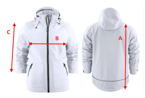 Dames softshell jas maattabel met lengte borst en mouwlengte