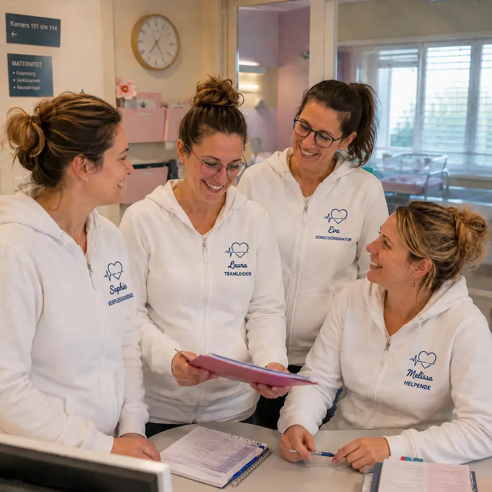 Zorgteam met gepersonaliseerde hoodies voorzien van naam en functie voor een herkenbare teamkleding zorg