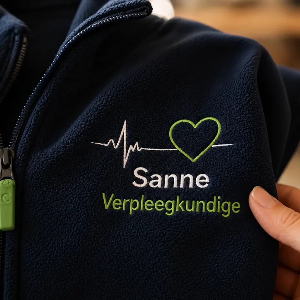Detail van premium borduring op gepersonaliseerde teamkleding zorg met naam en functie van een verpleegkundige