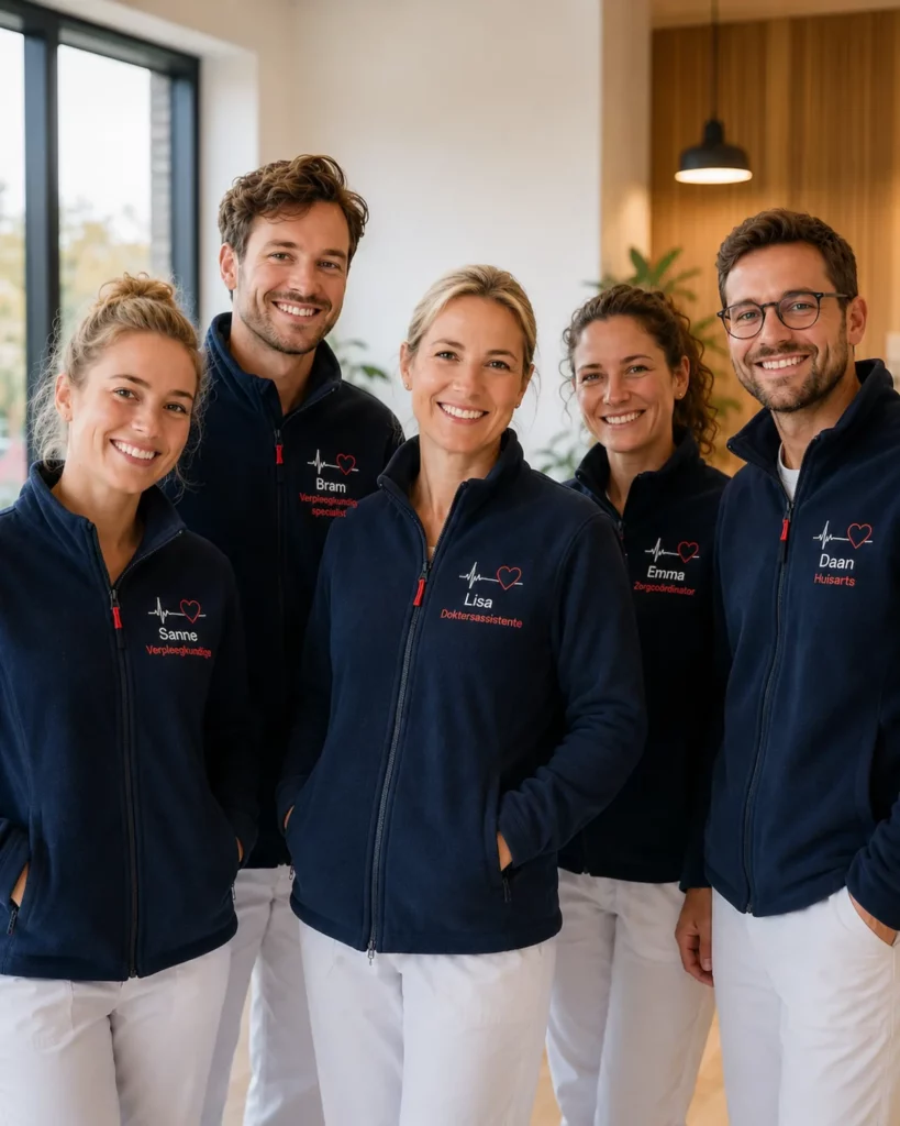 Teamkleding zorg met gepersonaliseerde fleecevesten voor een professioneel zorgteam