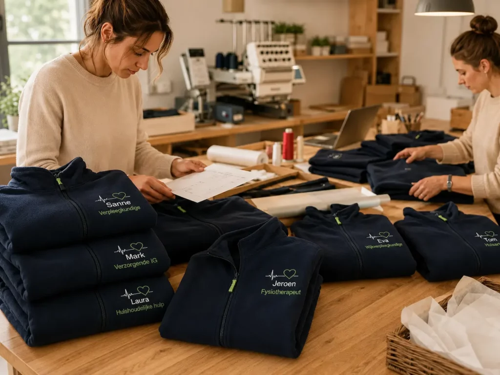 Voorbereiding en controle van een groepsbestelling teamkleding zorg met gepersonaliseerde fleecevesten