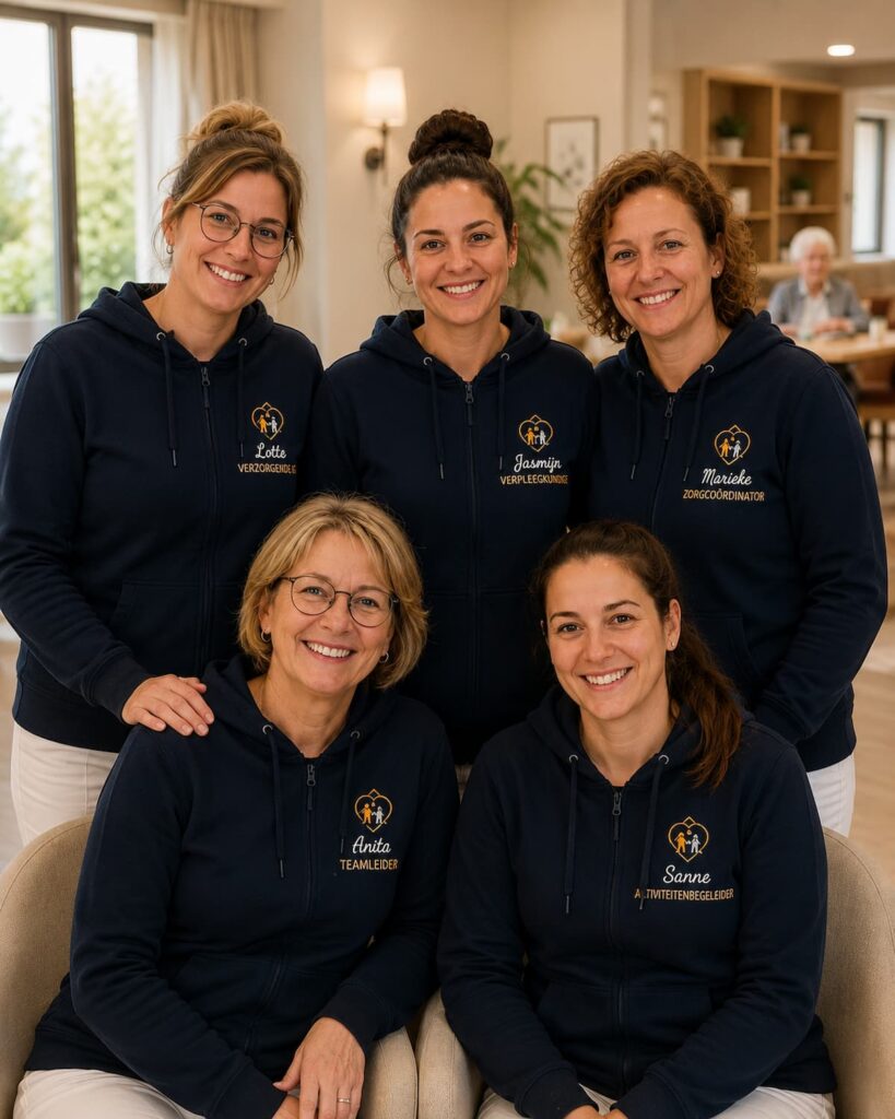 Teamkleding zorg voor een woonzorgcentrum met gepersonaliseerde hoodies en geborduurde namen en functies