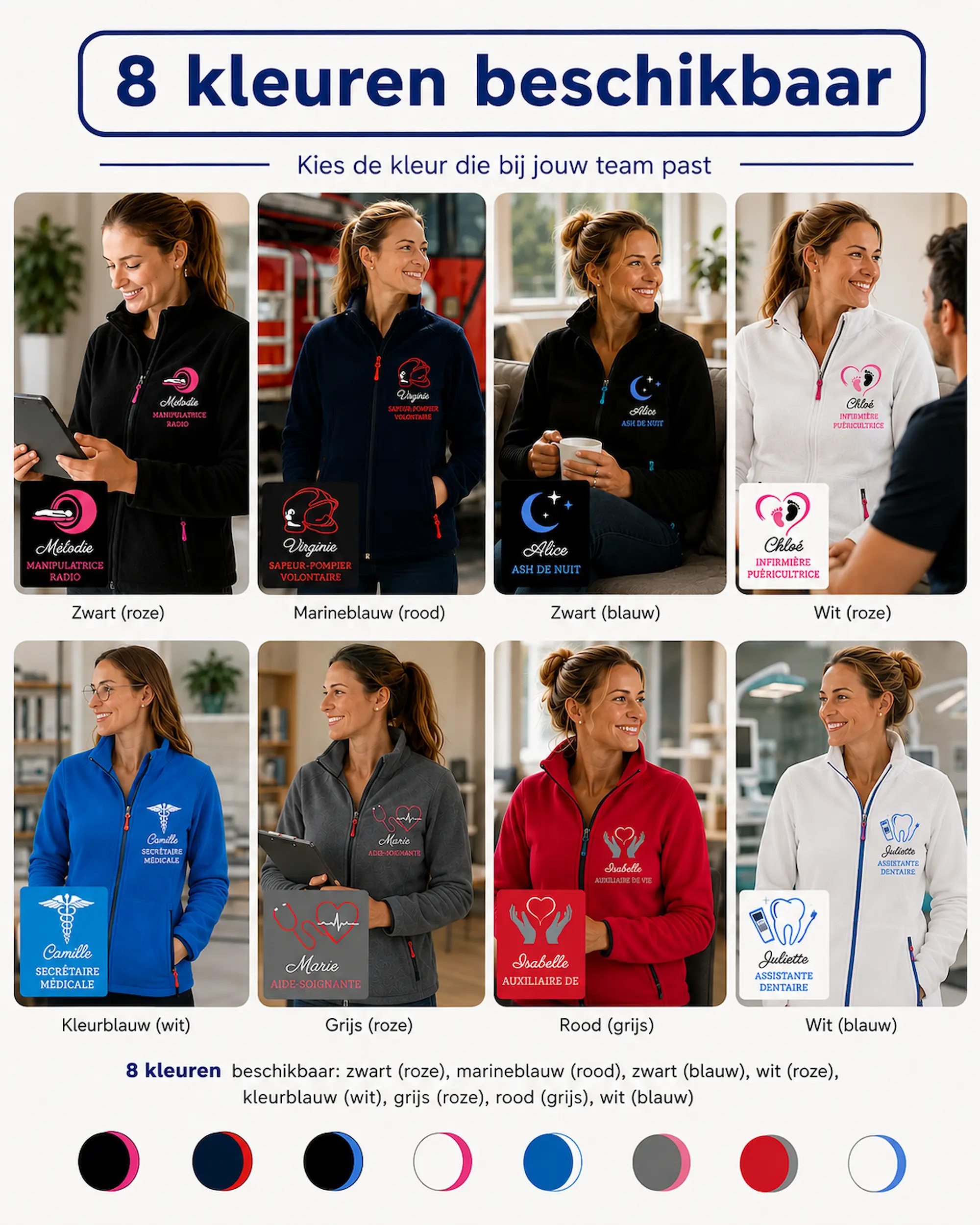 Acht kleuren gepersonaliseerde fleecevesten dames