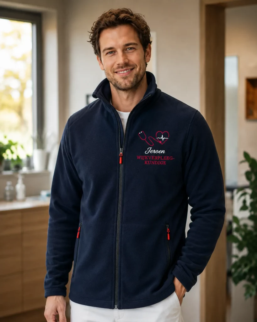 Verpleegkundige draagt een gepersonaliseerd marineblauw fleecevest met geborduurde naam Milan en functie tijdens een gesprek met een oudere patiënt.