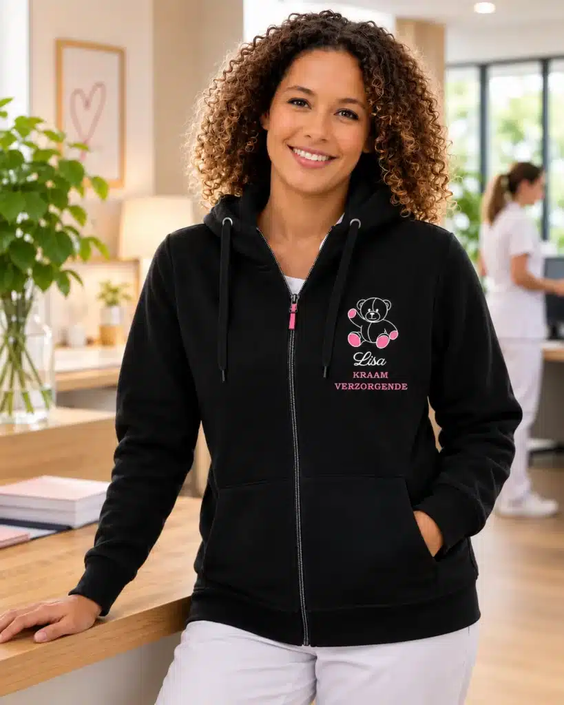 Gepersonaliseerde hoodie dames voor de zorg met naam en functie, gedragen door een kraamverzorgende