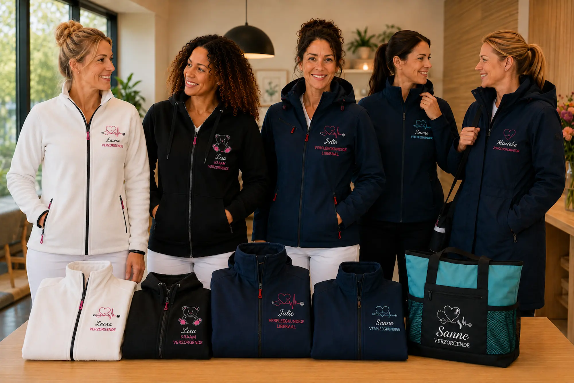 Team mit personalisierter Pflegebekleidung und Pflegetasche von Curalini