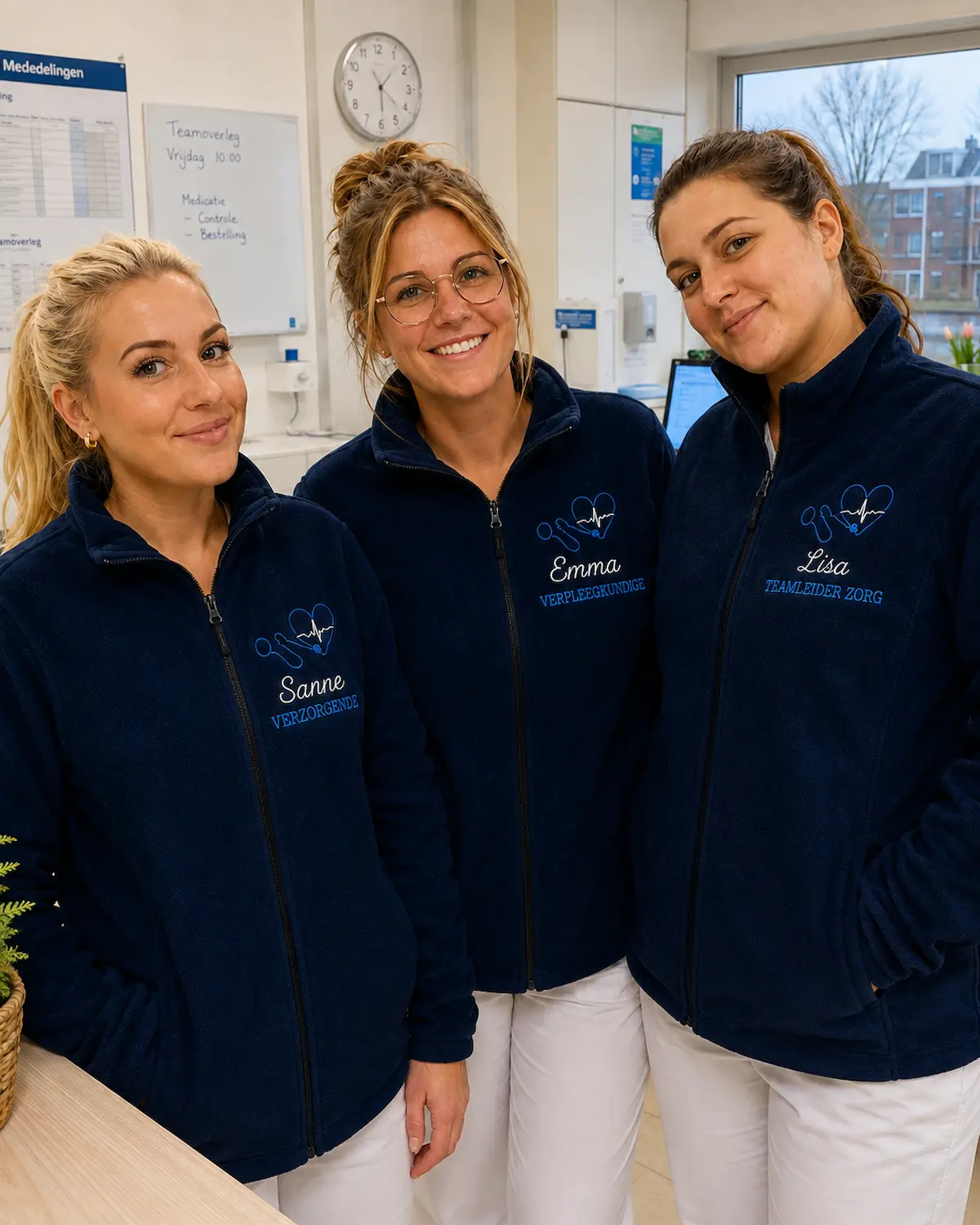 Zorgteam draagt gepersonaliseerde fleecevesten met naam en functie