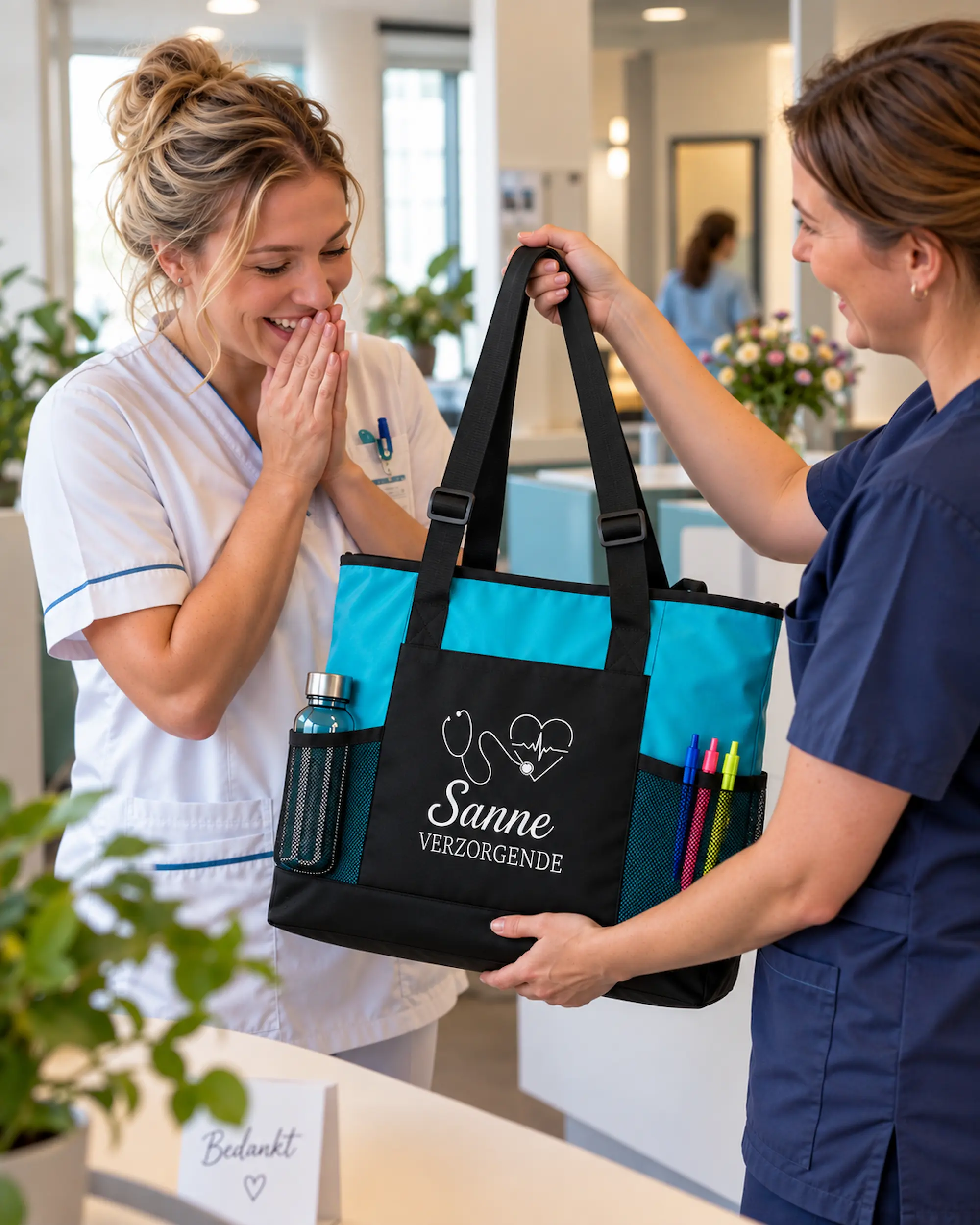 Verpleegkundige ontvangt een gepersonaliseerd cadeau van een collega