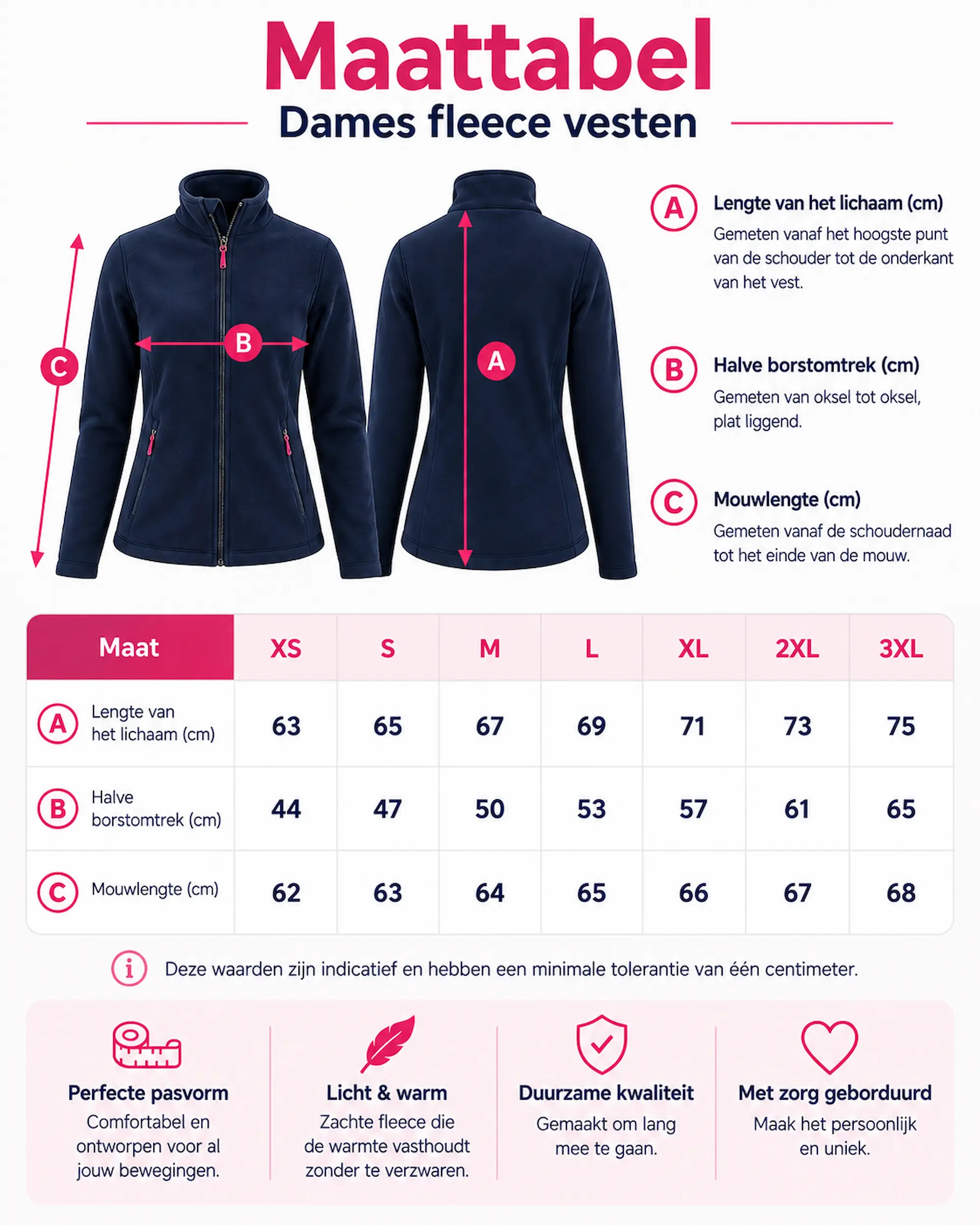 Maattabel fleecevest dames met maten XS tot en met 3XL